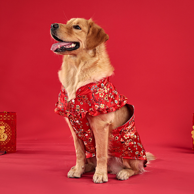 Nueva mascota Año nuevo perro ropa Año Nuevo festivo suerte bolsa Tang traje cheongsam mediano y pequeño perro peluche una generación