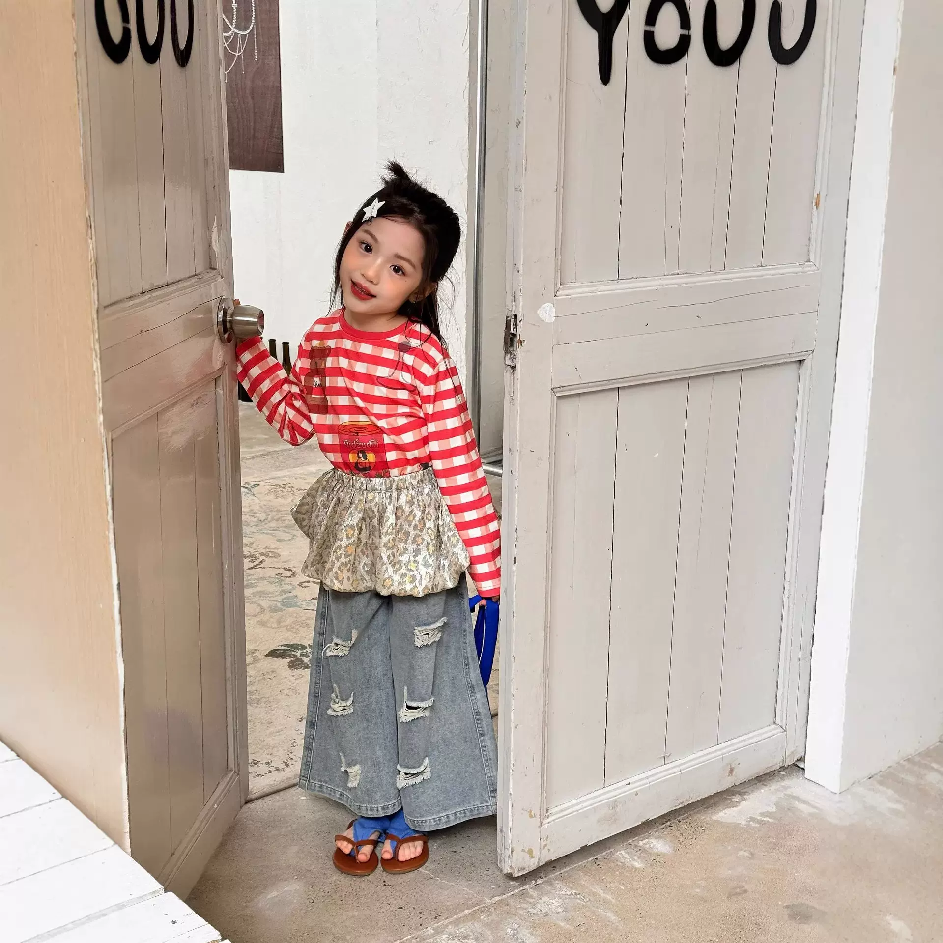 芙果女童T恤春夏新款卡通凯蒂猫格子打底衫儿童百搭针织衫韩版潮