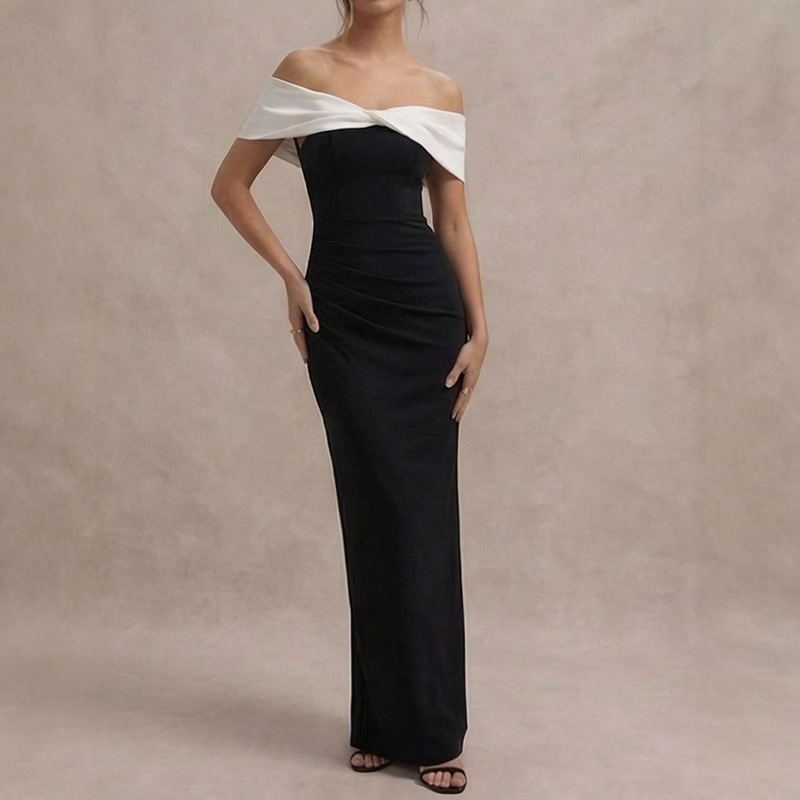 French-Style One-Shoulder Dress for Women, Summer Black and White Patchwork, Waist-Cinching, Slim-Fit, Elegant, Bodycon Long Dress, Party Cocktail Dress