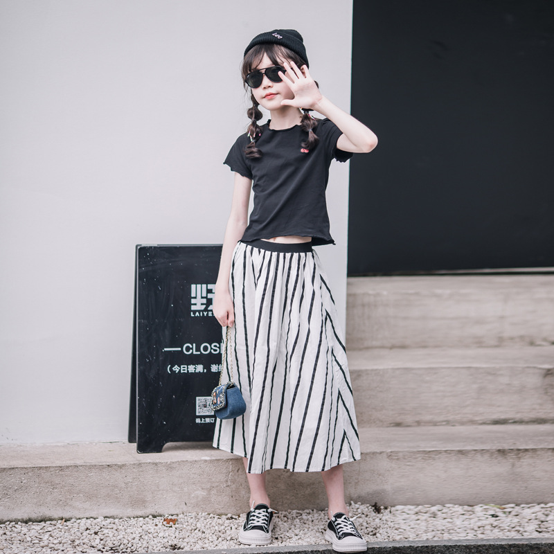 Estilo coreano ropa para niños verano Nuevas niñas niños padre-hijo forro de cinturón de algodón puro cintura elástica rayas verticales falda de línea A