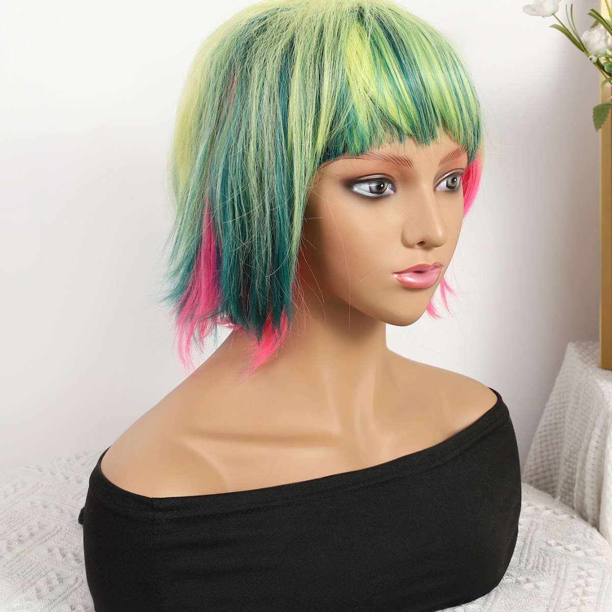 Transfronterizo nuevo verde gradiente largo recto 12 pulgadas sin encaje pelo recto europeo y brasileño peluca