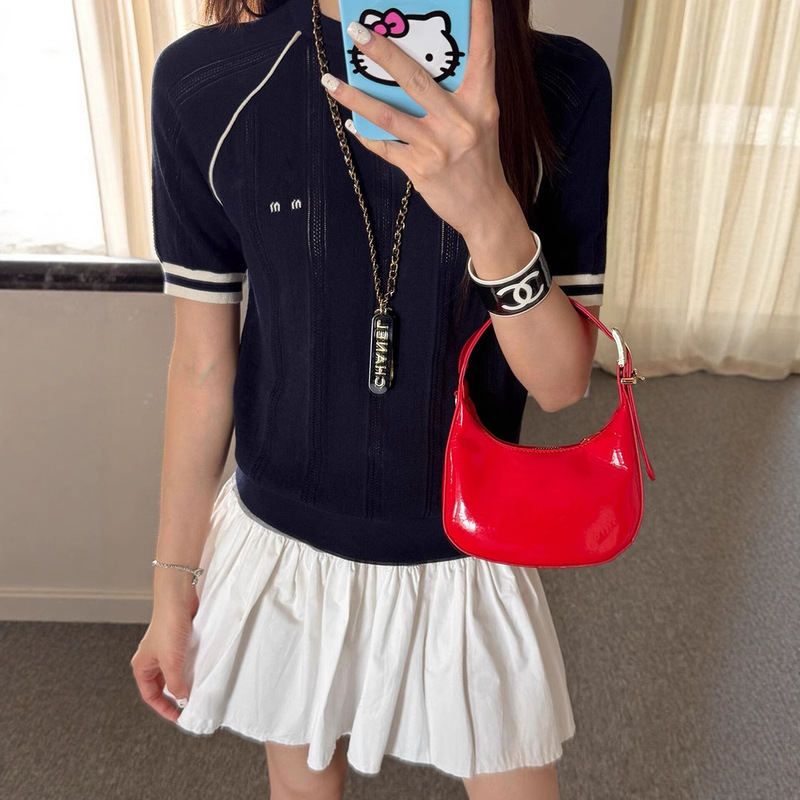 Mm Navy Blue Patchwork Color-Block Wool Crew Neck T-Shirt for Women with Embroidered Jacquard Letter Logo Raglan Knit Top
