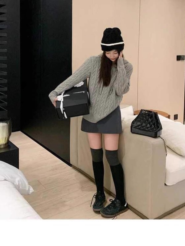麻花套头连帽针织衫毛衣女灰色时尚宽松慵懒风小香风外套刺绣上衣|undefined