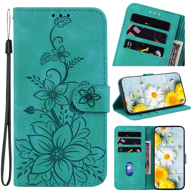 New Lily for Samsung S24FE Embossed Phone Leather Case S25 Edge Flip Card Protection