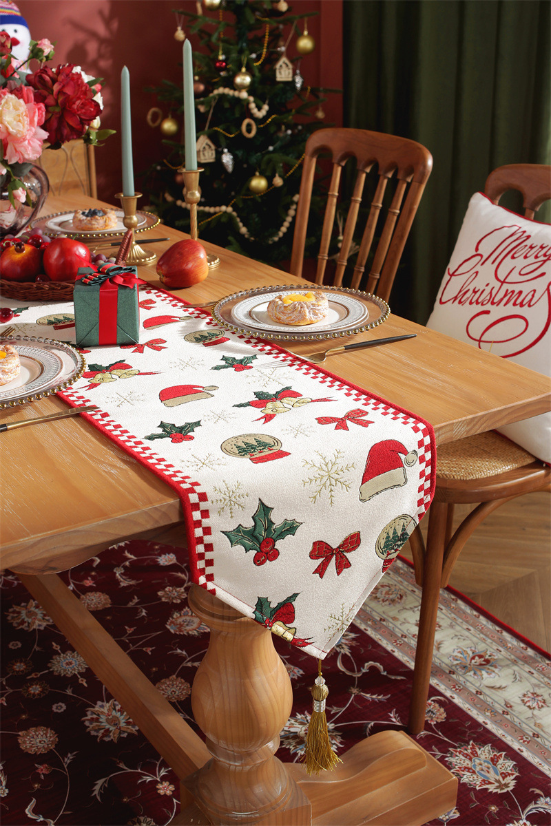 Drapeau de table de noël en jacquard teint en fil, flocon de neige, chapeau de noël, nappe à pampilles, décoration, couverture de drapeau de chevet_voghion.com