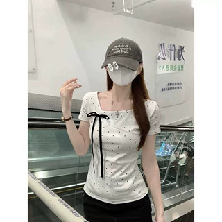 批发夏季260克随心裁波点蝴蝶结系带短袖T恤女式正肩收腰显瘦上衣