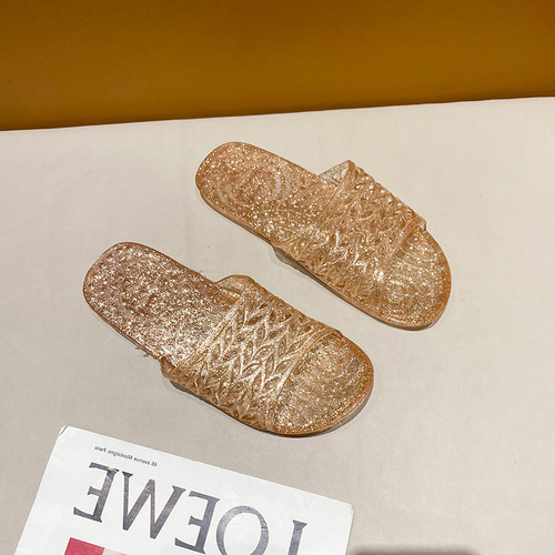 Slip-resistant cool sandals crystal fashionable summer women's viral outerwear transparent one-piece flat versatile beach match dress