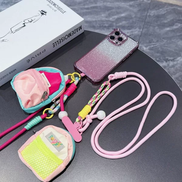 Outdoor Anti-Lost Dopamine Patchwork Style Phone Lanyard Crossbody Adjustable Detachable Woven Rope Storage Coin Purse