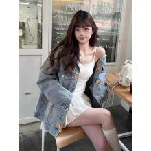 韩系重工刺绣卡通小熊Polo领牛仔夹克春秋新款宽松显瘦百搭外套女