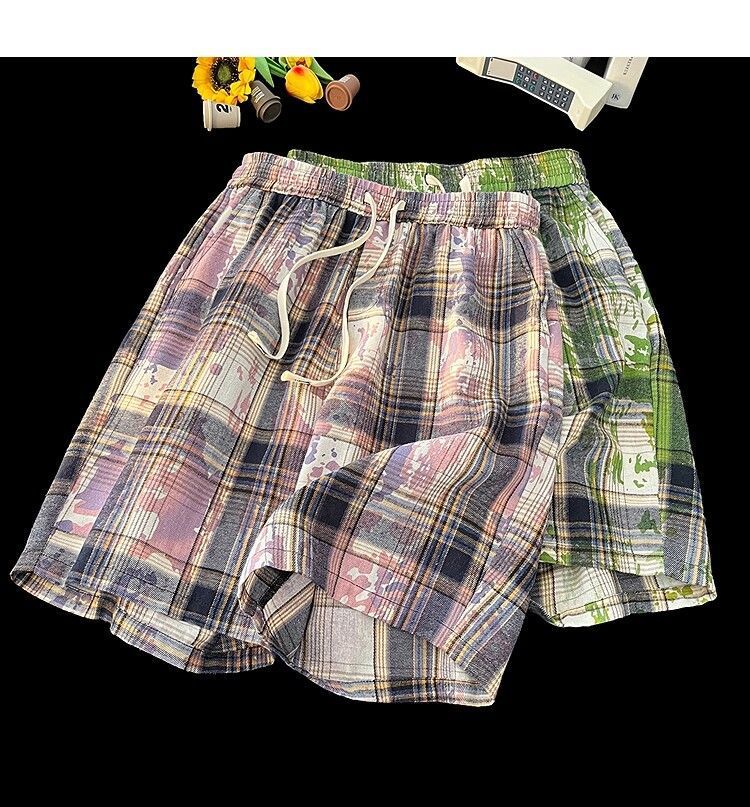 Men's And Women's Tie Dye Plaid High Waist Street Style Shorts Casual Retro Straight Five Point Beach Outerwear_viptrois.com