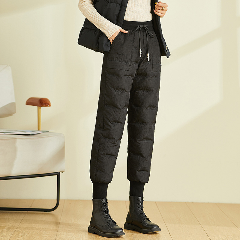 Quần lông vũ nữ mặc ngoài trời cạp cao dày dặn cỡ lớn, quần cotton nhẹ giữ ấm mùa đông — Màu đen