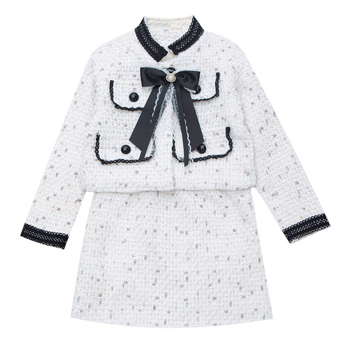 Little Girl Xiao Xiang Fashion Cute Spring Outfit  Spring and Autumn Model Bow Tie Heavy Work Suit Dress for Older Children with Elegant Style