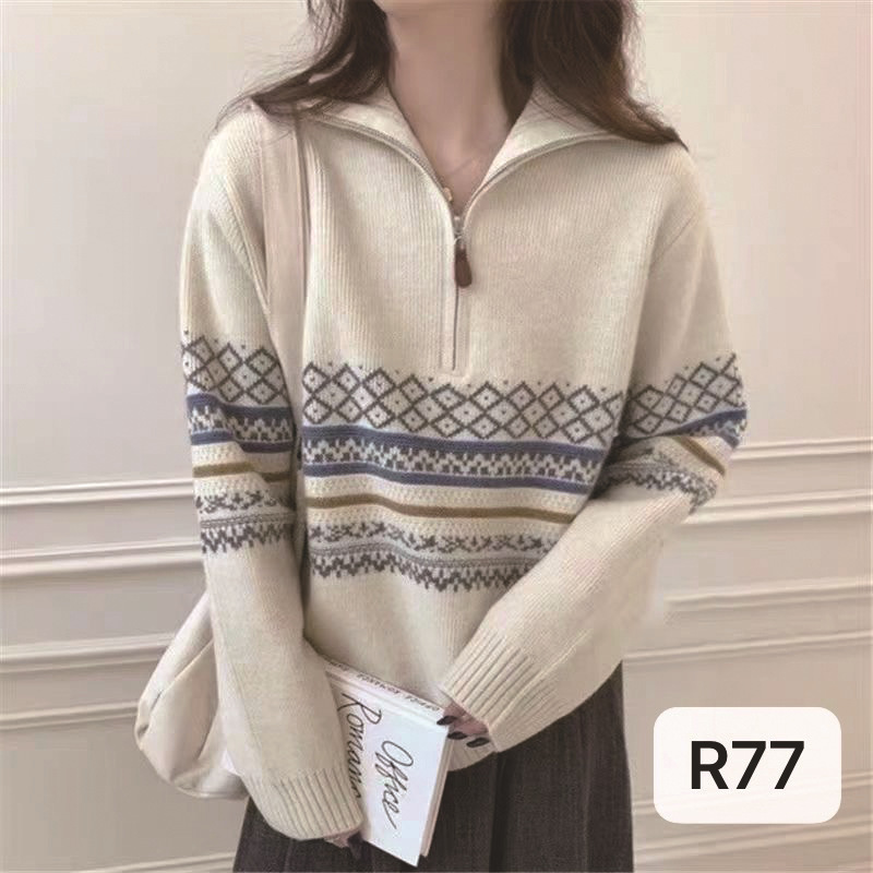 French Retro Jacquard Outer Half-Zip Lapel Wool Top for Women Early Autumn and Winter Thickeneded Warm Inner Knitwear