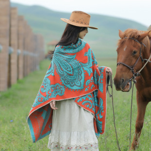 Outdoor play retro ethnic style slit towel casual all-match comfortable warm personality big cashew flower pullover Cape