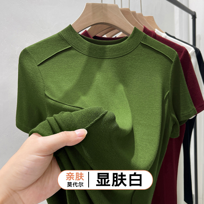 Solid Color Round Neck Modal Cotton Bottoming Shirt for Women Right Shoulder Short-Sleeved T-Shirt for Women Elastic Age-Reducing Fishbone 1688 Top for Women
