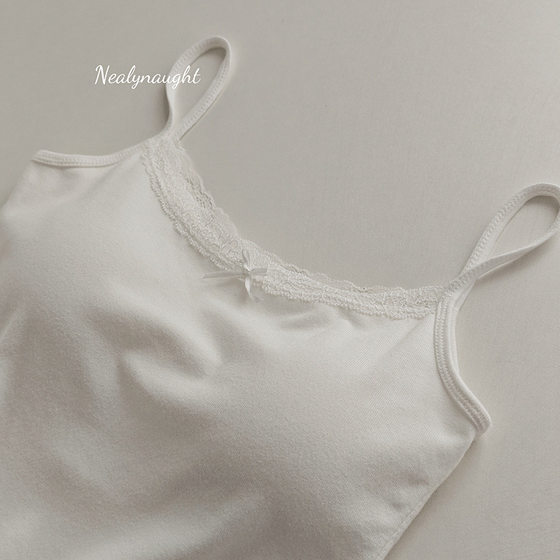 Summer White Pure Desire Lace Bow Strap Back Women's Slim-fit Slimming Fixed Cup Intransparent Bottoming Top