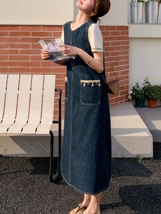 韩系牛仔背心连衣裙女夏季新款无袖背心单排扣中长裙复古大口袋裙|undefined