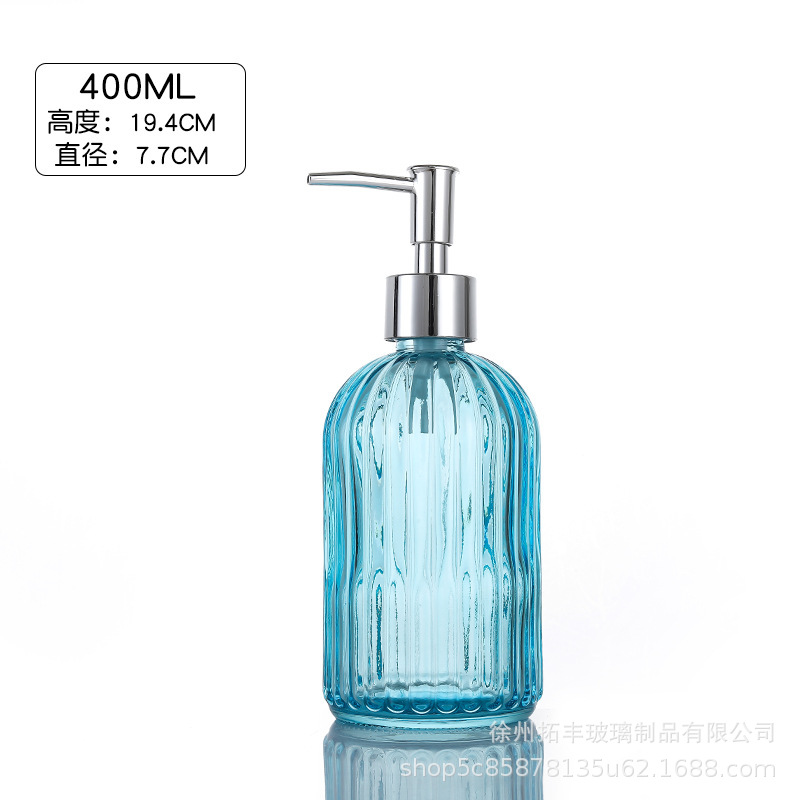 400ml; botella azul claro + cabeza de bomba plateada; vidrio