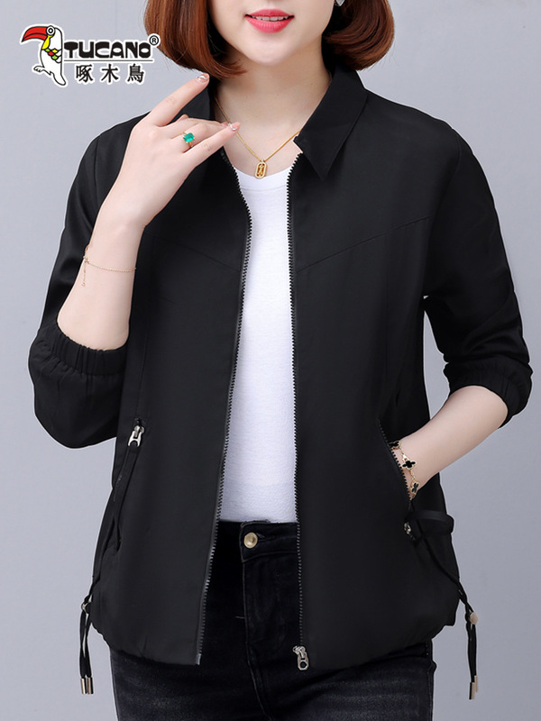 啄木鸟休闲外套女春秋2025新款翻领夹克上衣中年妈妈大码宽松外套|undefined