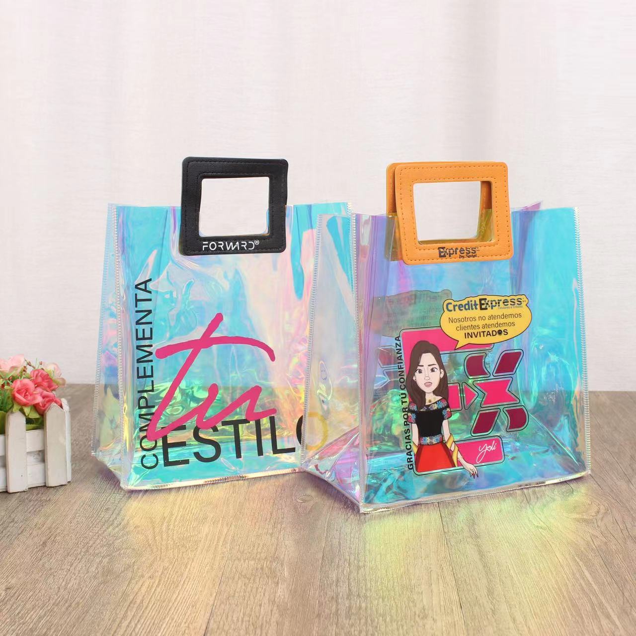 现货批发PVC透明手提袋节日鲜花塑料镭射袋感伴手礼品包装袋