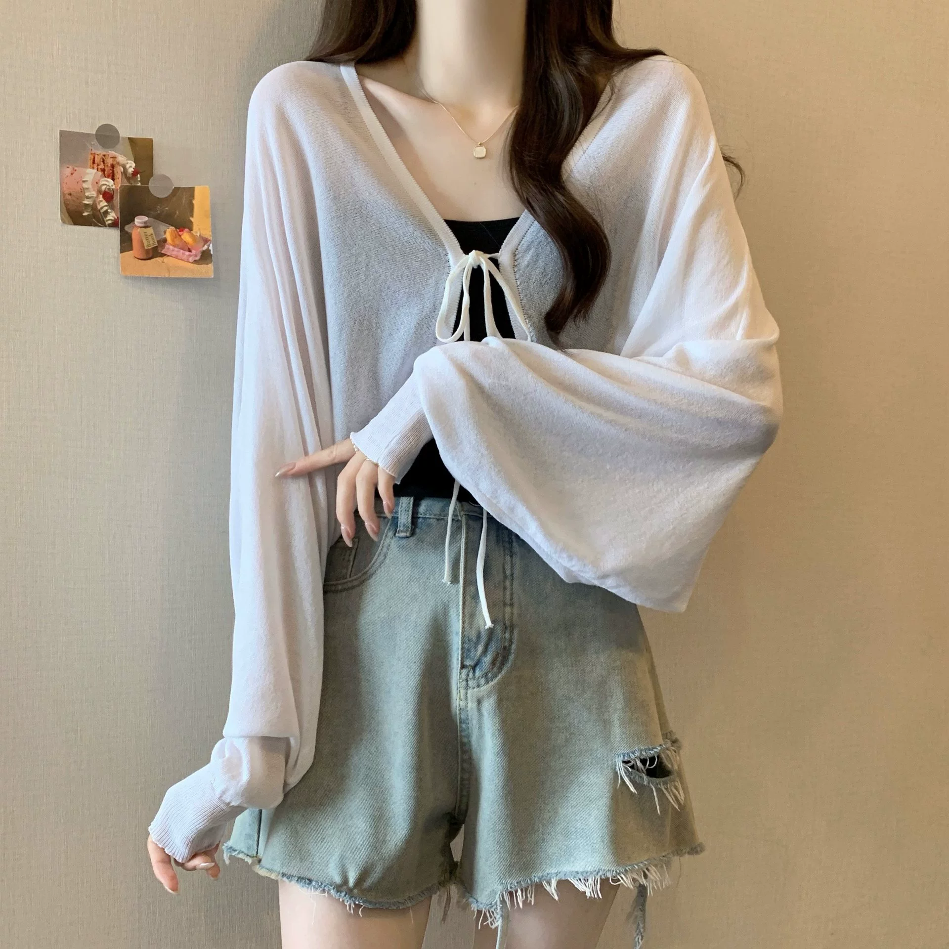 Black silk summer thin cardigan, knitted cloak, plus size, lifting effect