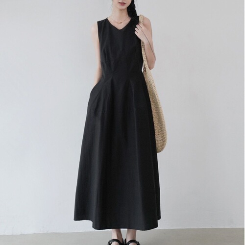 Minimalist vest dress, women's summer new style, French round neck, mid-length dress, waist, Korean slim A-line sleeveless dress