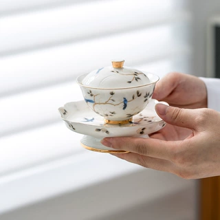 萱草莺飞高档羊脂玉白瓷三才盖碗家用精致功夫茶碗茶杯套装礼盒装