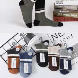 新款男士双针棉袜秋冬中筒袜子男双针纯色商务休闲冬季长筒袜男士