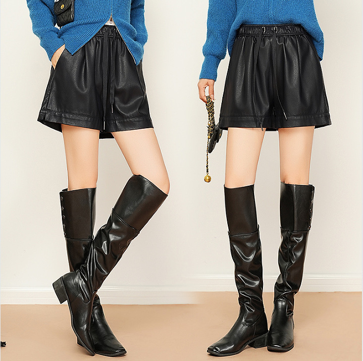 Autumn and Winter New Leather Shorts for Women, Wide-Legged Korean Style Elastic Waist, Casual, Fashionable, Loose, Tall and Slim Sheepskin Shorts