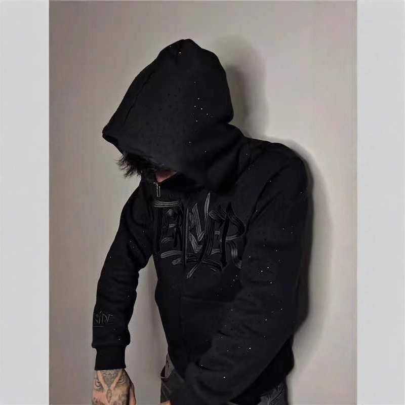 Hot Diamond Embroidery High Street Hooded Loose Dark Zipper Jacket Men's and Women's American Hoodie Sweatshirt