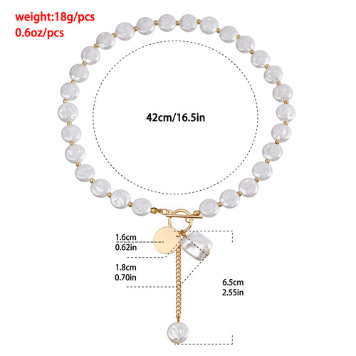 European and American-style jewelry: Minimalist single-layer Baroque-inspired flat-pearl necklace with a cool, edgy tassel sweater chain