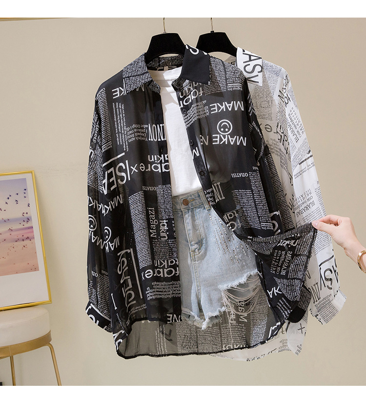 Damenbekleidung, lockeres Hemd, Damen, Sommer 2024, schickes Retro-Langarmshirt mit Zeitungsmotiv, Sonnenschutz, Cardigan für Damen_voghion.com