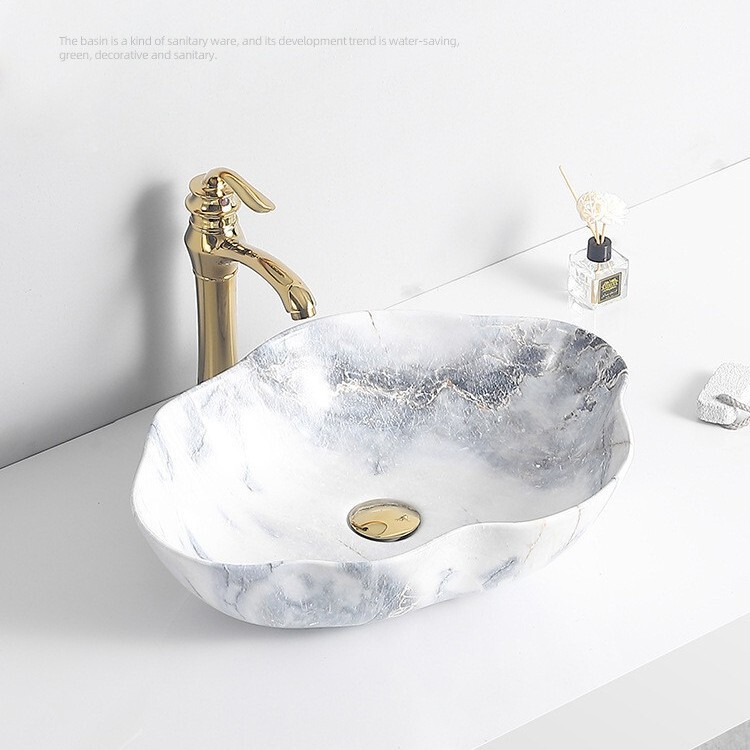 Heat-Bent Integrated Basin with Marble Pattern Ceramic Washbasin, Single-Hole Washbasin, Tengxiang Ceramic Bathroom Cabinet