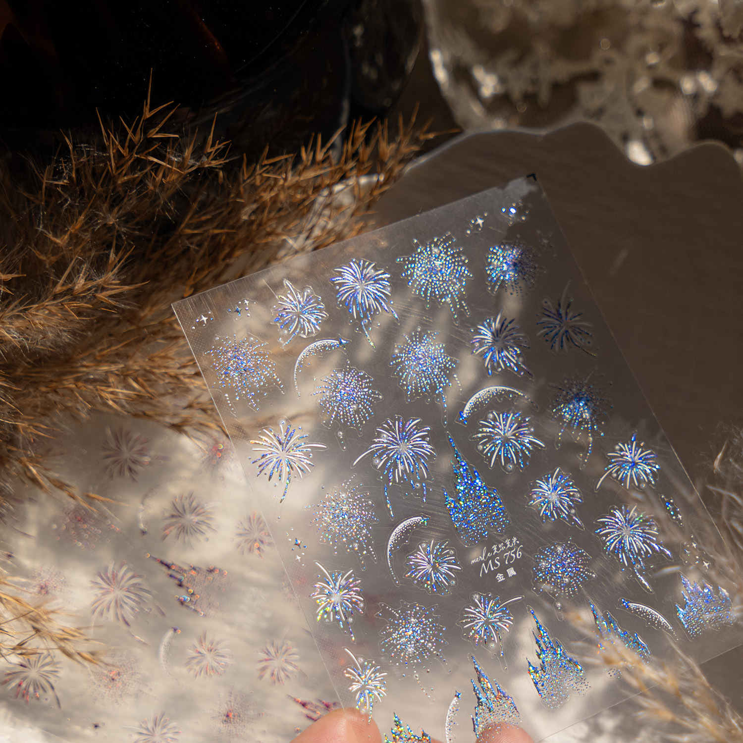 Año Nuevo espléndido fuegos artificiales en relieve pegamento de espalda decoración de uñas Fuegos artificiales de Año Nuevo castillo conchas de luz pegatinas de uñas