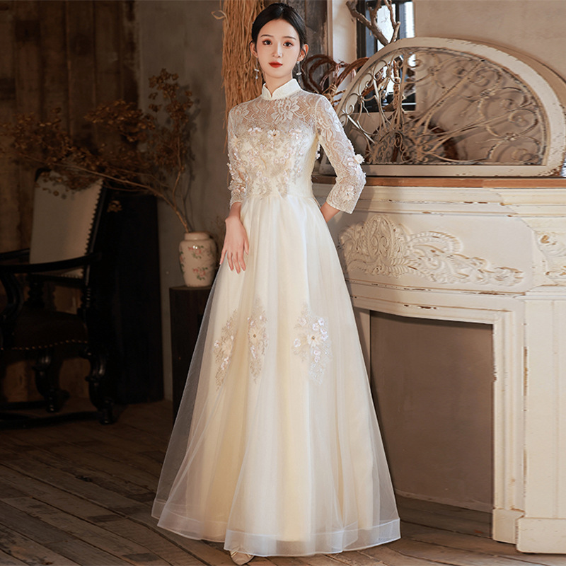 Estilo chino cheongsam vestido de compromiso para las mujeres 2024 nuevo elegante luz de lujo anfitrión bienvenida etiqueta vestido de noche arte prueba
