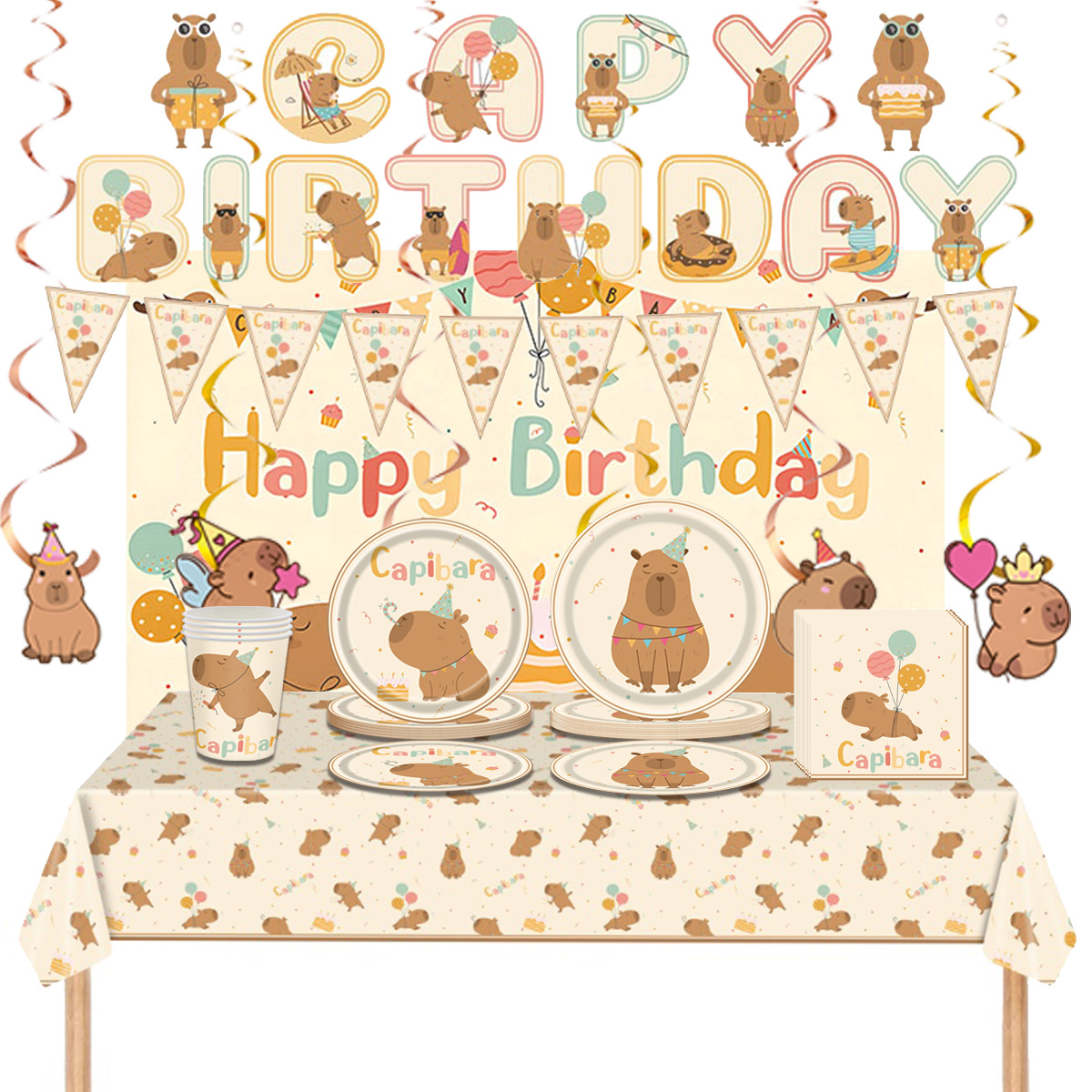 New Capybara Capybara Theme Kidsren's Birthday Party Cute Paper Plate Tablecloth Tissue Pull Flag Banner Set