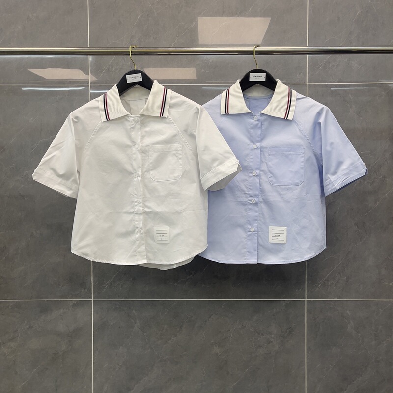 Trendy Tb Summer New Girl's Preppy Style Red, White and Blue Striped Threaded Stitching Lapel Short-Sleeved Poplin Shirt