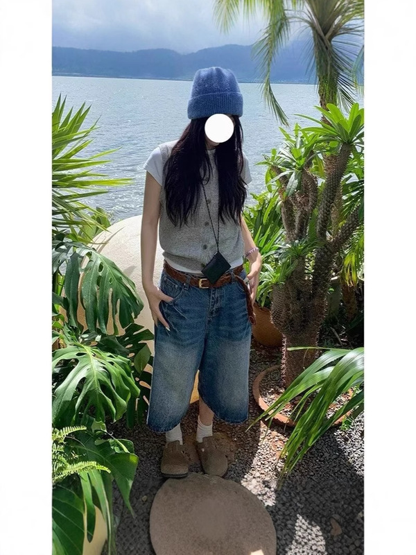 アメリカンレトロホワイトデニムショートパンツ女性用2025年夏新作ハイウエスト7点ミッドパンツストレートワイドレッグパンツ|undefined