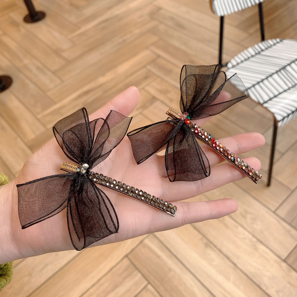 New organza bow hairpin light luxury colored diamond small Dragonfly one-character clip rhinestone side clip fashion temperament Korean version