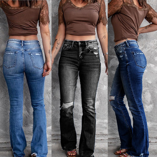 Cross-border independent station ripped high waist retro stretch slim Micro flared pants bootcut jeans