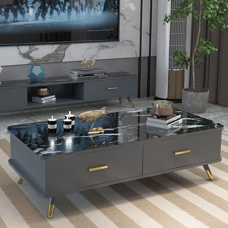 나무 커피 테이블: 100 회색 + 검정색 대리석 패턴