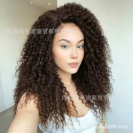 欧美假发 T型蕾丝假发高温丝深棕色弹簧小卷假发工厂现货可代发