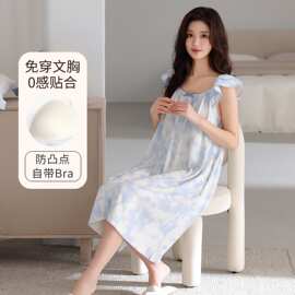 【带胸垫】夏季新款纯棉女背心睡裙甜美休闲女家居服图片色圆领