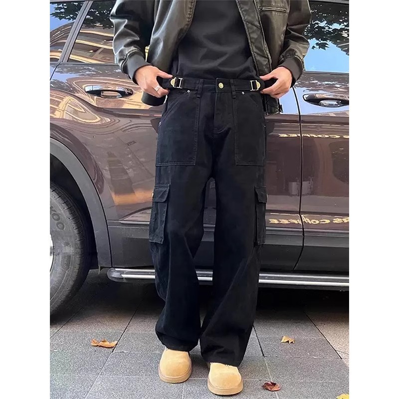 Multi-Pocket American-Style Cargo Pants for Men, Spring and Autumn, with a Belt Design, Stylish and High-End Feel, High Street Loose Straight-Leg Pants