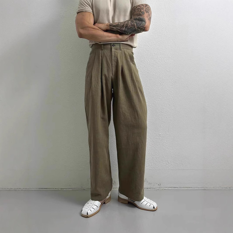 European Cotton and Linen Workwear Trousers for Men with Double Pleats, Loose Straight Trousers with Elasticated Back and Hidden Buttons, Linen Suit Trousers
