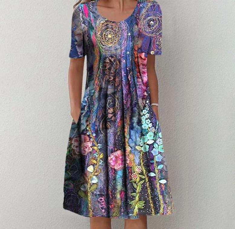 Plus Size Spring And Summer Women's Elegant Big Skirt Round Neck Short Sleeve Dress_ecoleips.com