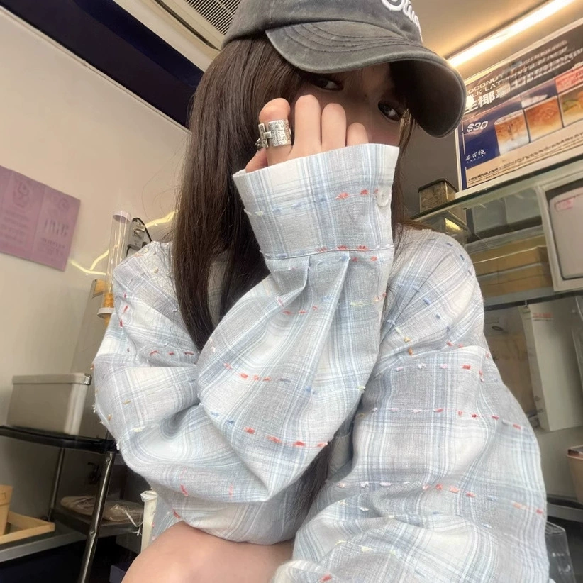 Морская соль лайм "прозрачная гороховая вышивка в клетку с длинными рукавами