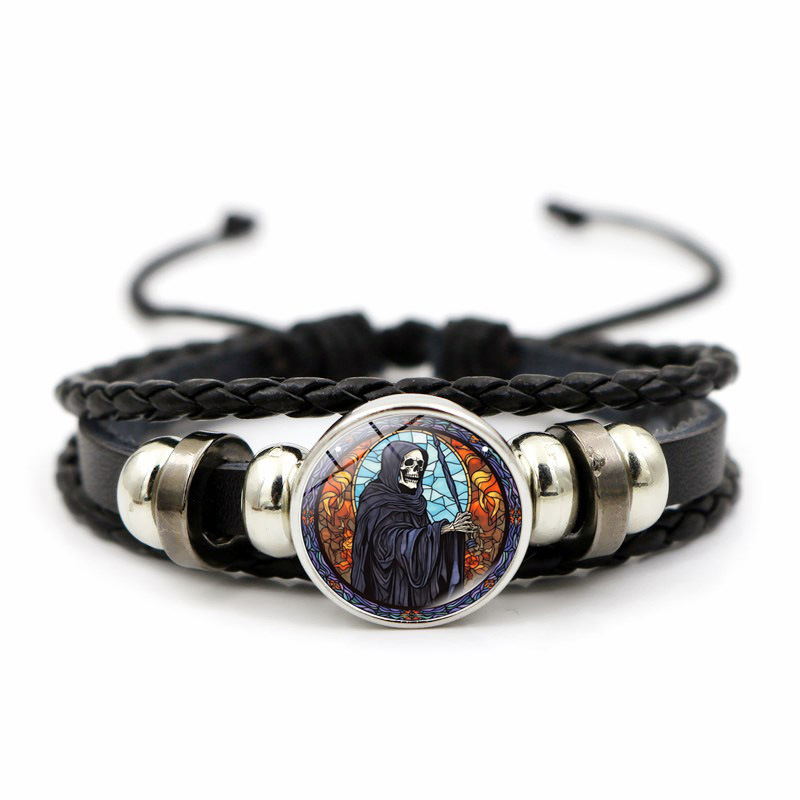 Pulseira de couro em torno do castelo de Halloween, corda de mão com contas de tecelagem masculina, festival fantasma, joias de cabeça de caveira_voghion.com