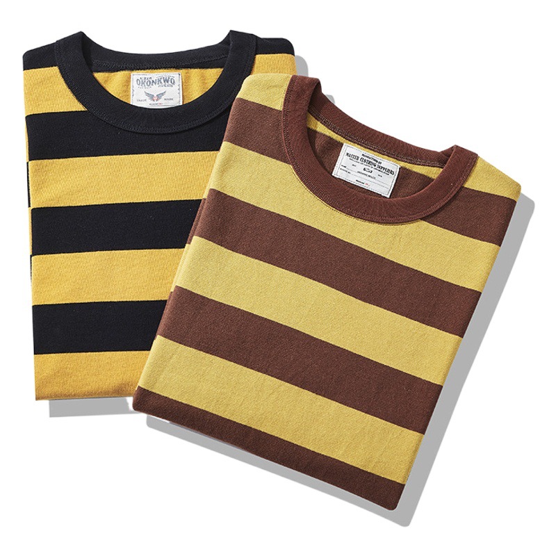 OKONKWO nuevo americano retro Kaji camiseta pesado prisionero motocicleta hombres gruesa de manga corta Camiseta a rayas grandes