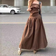 夏季复古美拉德辣妹a字裙收腰百褶长裙子一字肩性感抹胸连衣裙女